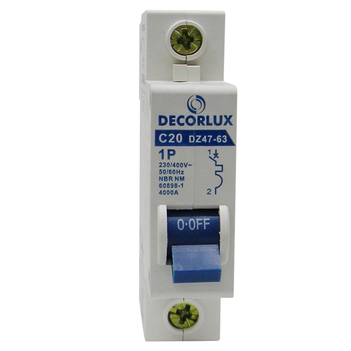 Mini disjuntor, plástico, DIN35, 1P 20A 230-400V 3KA curva C, cor branco