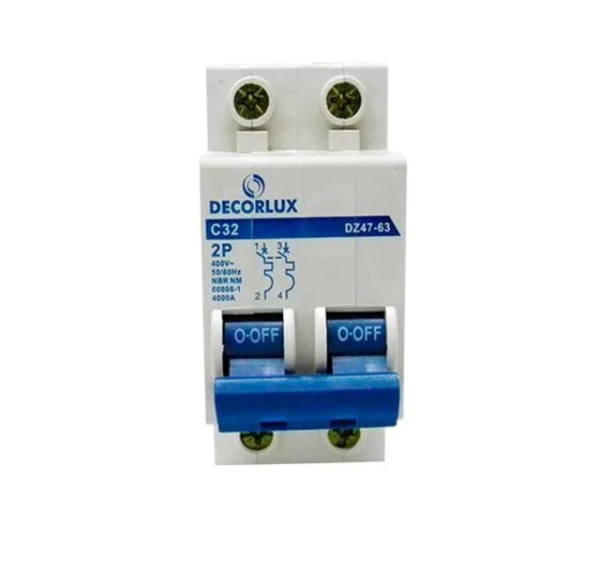 Mini disjuntor, plástico, DIN35, 2P 32A 230-400V 3KA curva C, cor branco