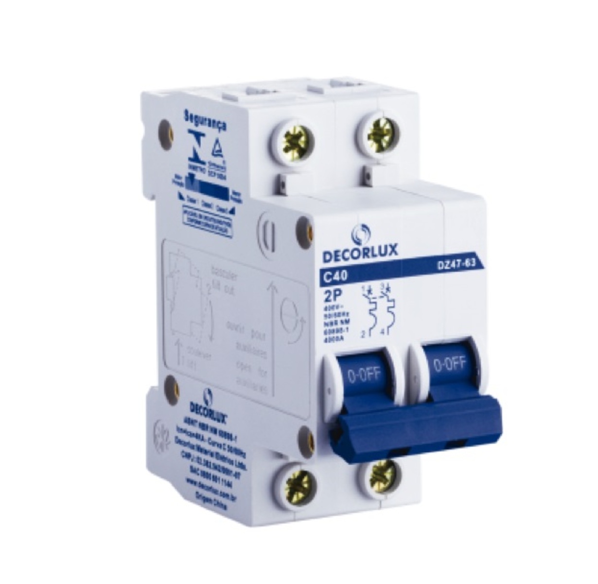 Mini disjuntor, plástico, DIN35, 2P 40A 230-400V 3KA curva C, cor branco